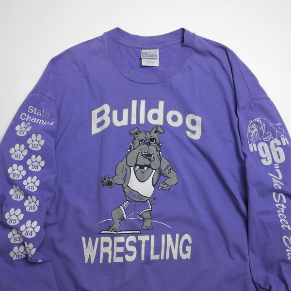 90s HANES BEEFY-T XXL ビンテージ ブルドッグ レスラー レスリング Tシャツ ロンT 袖プリ 紫 アメカジ カレッジ マスコット 長袖 古着