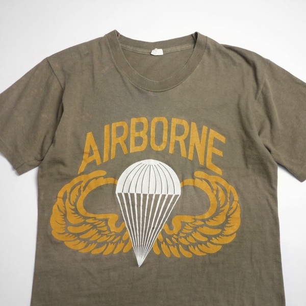 80s AIR BORNE ビンテージ ミリタリー エアボーン パラシュート ビッグプリント Tシャツ アーミー ネイビー アメリカ製 米軍 軍物 古着