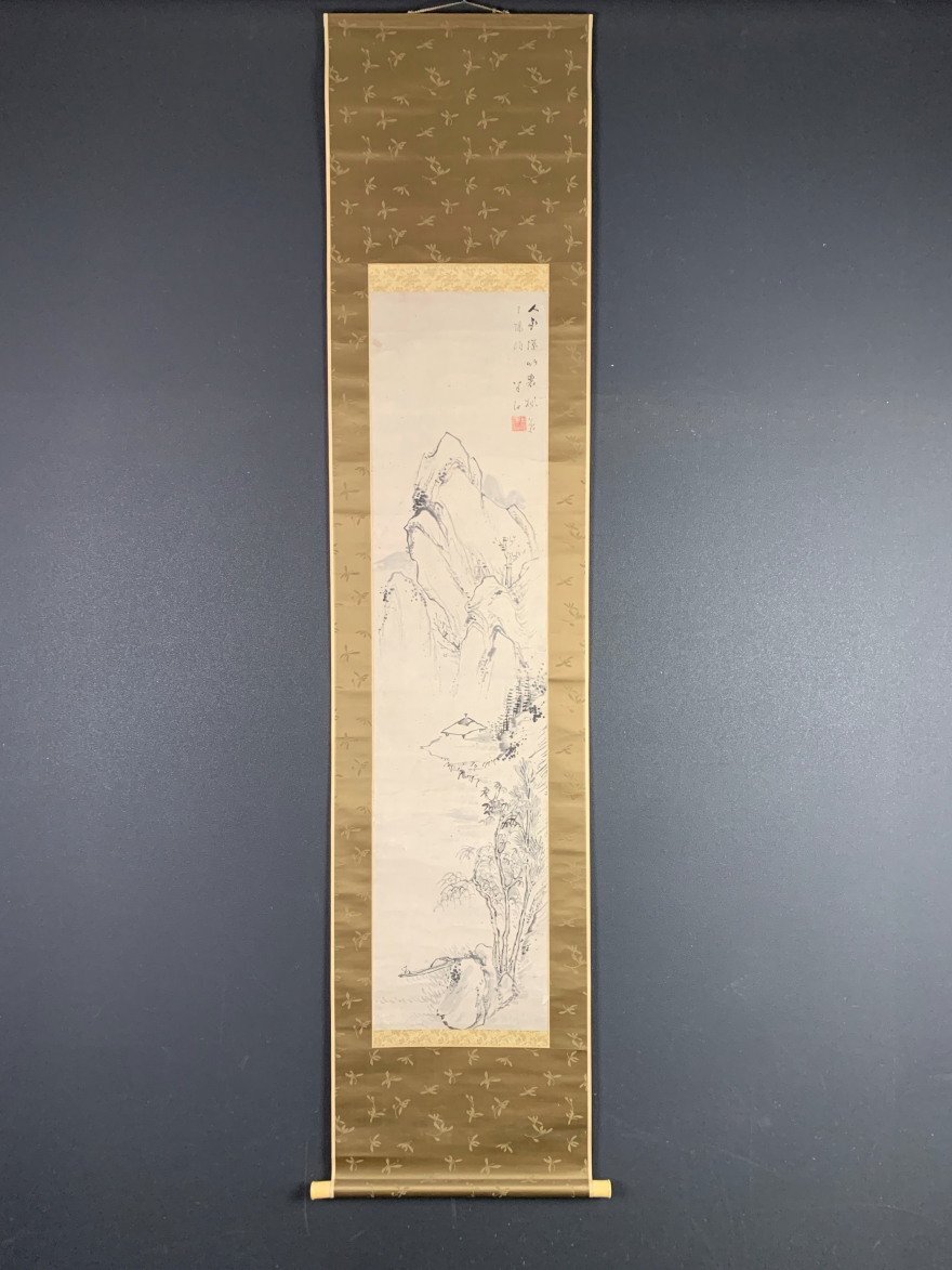 真作】岡田半江/竹石画賛/竹図/石図/掛軸/名家伝来/AC-766