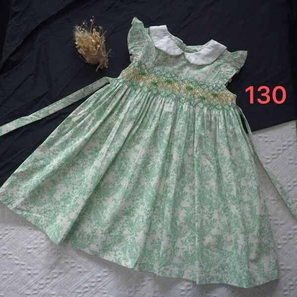 新品 スモッキングワンピース ピンク キッズ服 女の子 ドレス グリーン ツリー 発表会 誕生日 結婚式 130