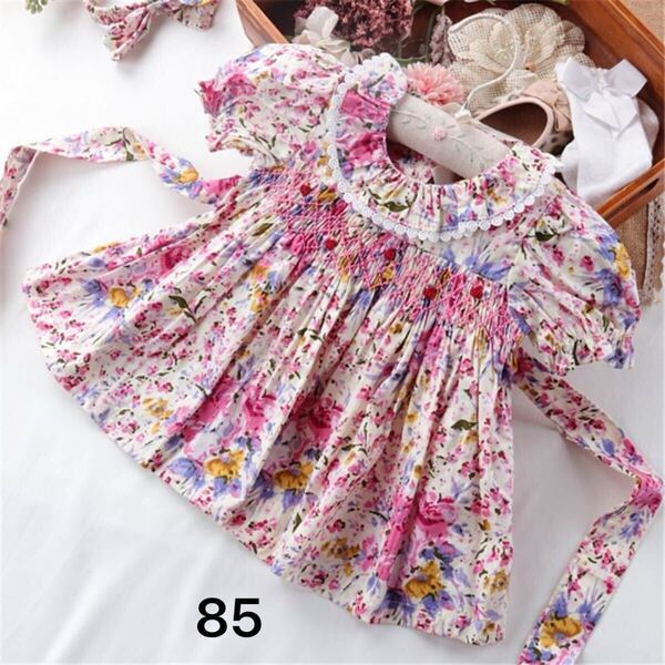 新品 スモッキングワンピース 花柄 ピンク 派手 半袖ワンピース 可愛い ベビー服 メゾピアノ アマイアキッズ 好きな方 85