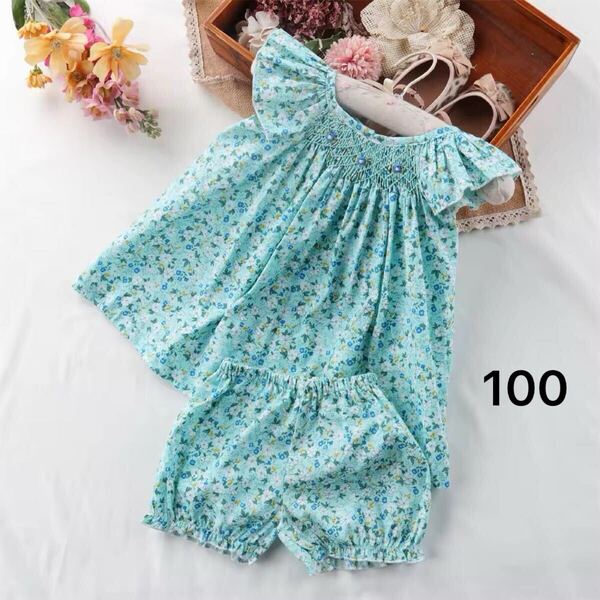 新品 上下セット ベビー服 子供服 半袖 スモッキング ワンピース ノースリーブワンピース 夏 花柄 100