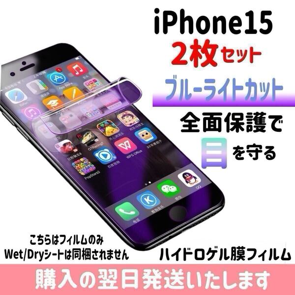 【2枚セット】iPhone15 ブルーライトカット ハイドロゲル膜フィルム 完全接着 液晶保護フィルム 自動修復 iPhone 2枚入り