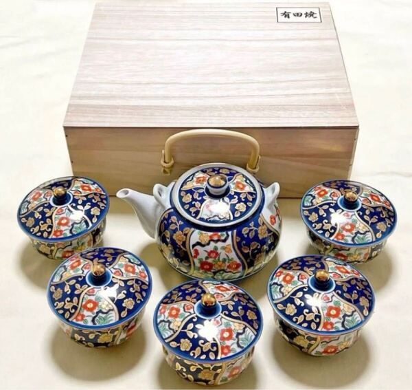 未使用 有田焼 祥楽作 古伊万里金彩花柄 急須&蓋付湯呑5客 茶器セット