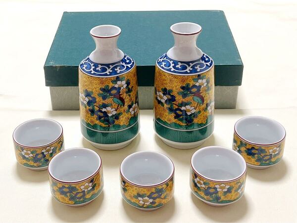 第一陶器 九谷焼 黄地花鳥文 徳利2本&お猪口5個 酒器揃