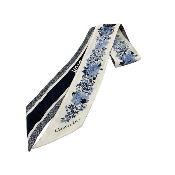 【良品】クリスチャンディオール DIOR ミッツァ ジャルダン ディヴェール Jardin d'Hiver スカーフ ホワイト シルクツイル 花柄
