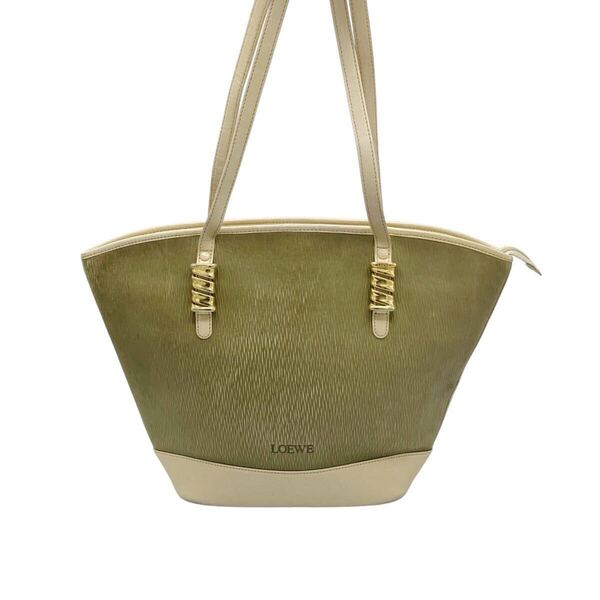 【良品】ロエベ LOEWE ベラスケス レザー ショルダーバッグ トートバッグ ホワイト × グリーン ツイスト ゴールド金具