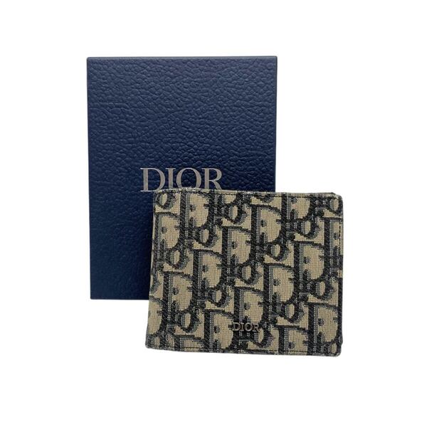 【美品】クリスチャンディオール Christian Dior オブリーク ジャガード レザー コンパクトウォレット 二つ折り財布