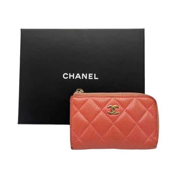 【良品】シャネル CHANEL キャビアスキン マトラッセ ココマーク キーリング付き コインケース 小銭入れ ピンク レザー
