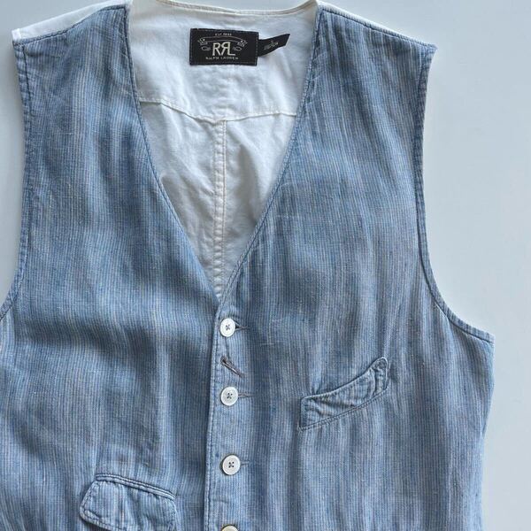 【傑作】RRL “Linen Indigo Striped Vest” S インディゴ リネン ストライプ ベスト Ralph Lauren ヴィンテージ