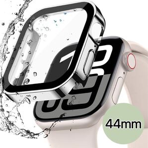 Apple watch ケース 防水 3D直角エッジ 超薄型 PC+ガラス素材 キズ防止 全面保護 光沢のシルバー 44mm