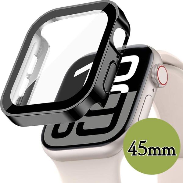 Apple watch ケース 防水 3D直角エッジ 超薄型 PC+ガラス素材 キズ防止 全面保護 光沢のブラック 45mm