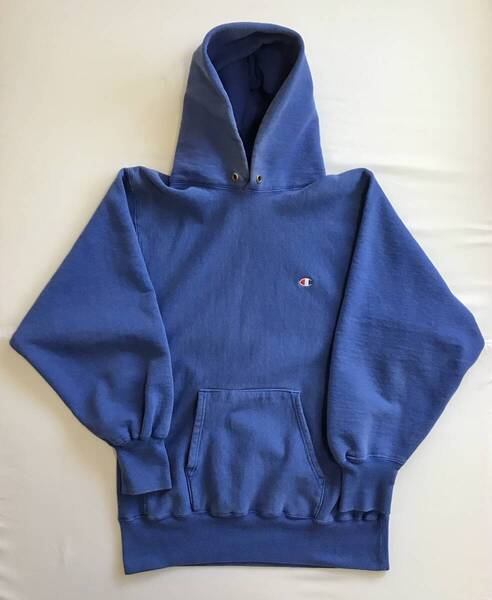 【ブルー/XL】90s USA製 champion 目あり パーカ リバースウィーブ チャンピオン 刺繍タグ reverse weave 無地