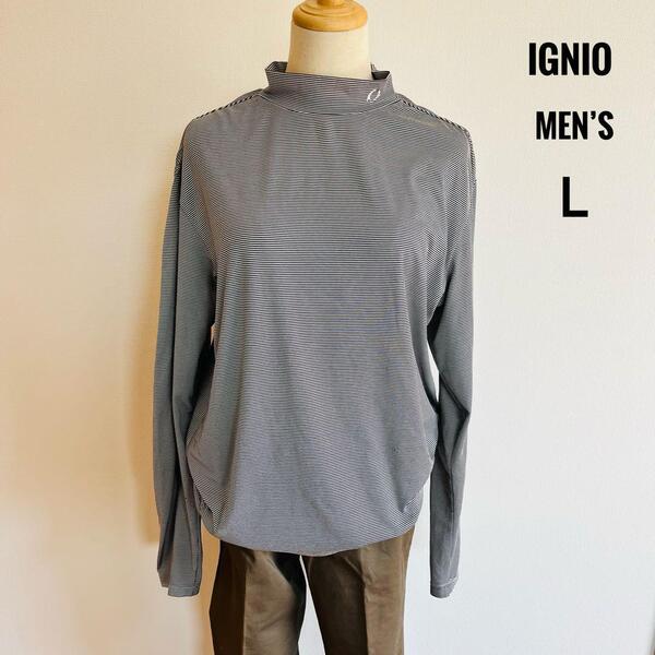 IGNIO イグニオ メンズ ボーダー モックネック 刺繍ロゴ 長袖Tシャツ L ブラック