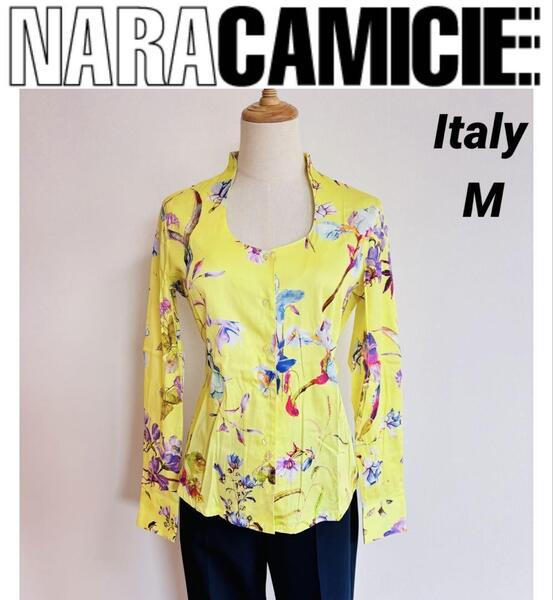 NARACAMICIE ナラカミーチェ イタリア製 フラワー ノーカラー 長袖シャツ M イエロー
