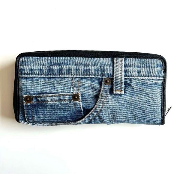 ★送料無料★新品 デニムリメイク財布 ハンドメイド ラウンドファスナー ユニセックス ウォレット 長財布 A