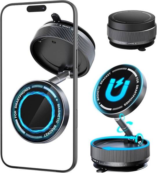 超強力 真空磁気スマホホルダー 車載/家庭/ジム/飛行機用 360°フリー 耐振動・落下防止 スマートフォン固定スタンド (Black)