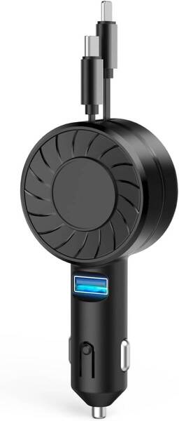 シガーソケット 巻き取り 3in1 車載充電器 カーチャージャー 急速充電 ライトニング/Type-C ケーブル USB4台同時