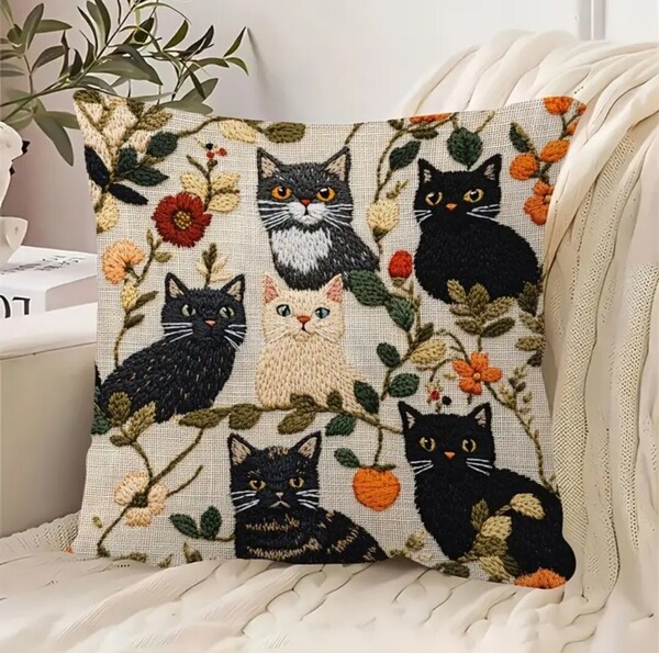 クッションカバー 猫M 猫たくさん 刺繍風 45cm 猫の雑貨 HANAKO