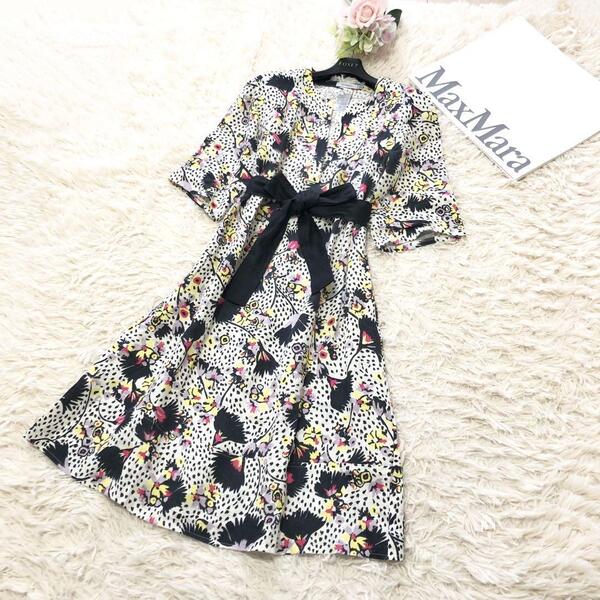 美品Maxmara Max&Co マックスアンドコー マックスマーラ リネン100%花柄シャツワンピース 麻 リボンベルト マルチカラー 38 M