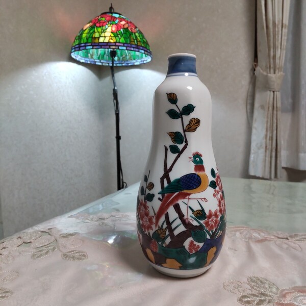 九谷焼 文化勲章 芸術院会員 浅蔵五十吉 酒器 瓢形 徳利 一輪挿し 色絵 花鳥図 在銘 五十吉 高さ約18.5cm