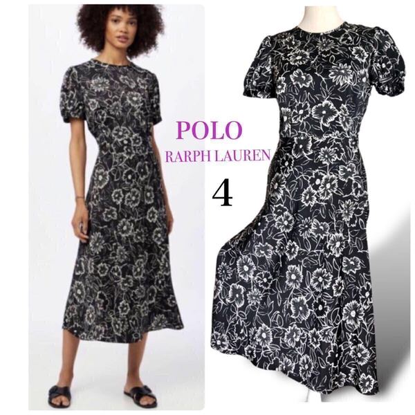 美品 POLO RARPH LAUREN ポロラルフローレン 花柄 ロング ワンピース クルーネック 半袖 フレア Mサイズ4 USA ブラック 黒 dress