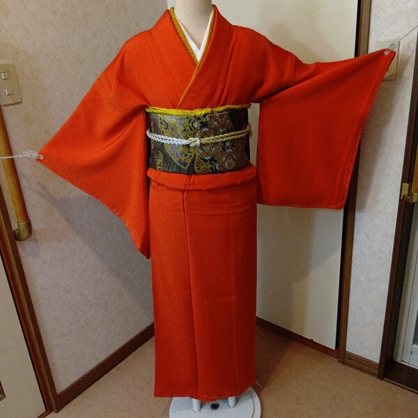 紋入り色無地 緋色 未使用 しつけ糸つき 結婚式 還暦 慶事 お嫁にいかれるお嬢様に インスタ映え