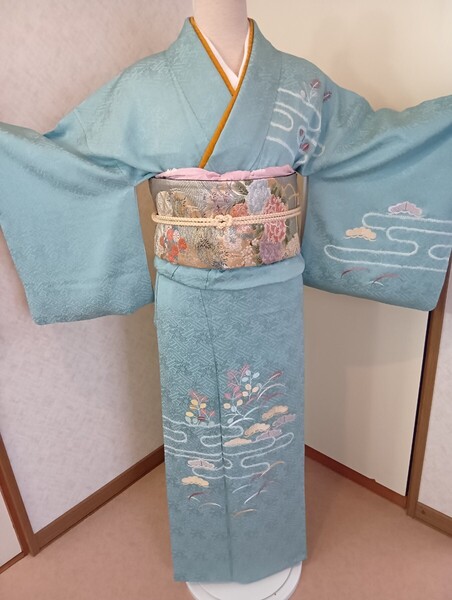 袋帯つき訪問着 刺繍 絞り 「永遠」を表すエ霞芝草松文 正絹 結婚式 慶事 フォーマル 佳き日の装い