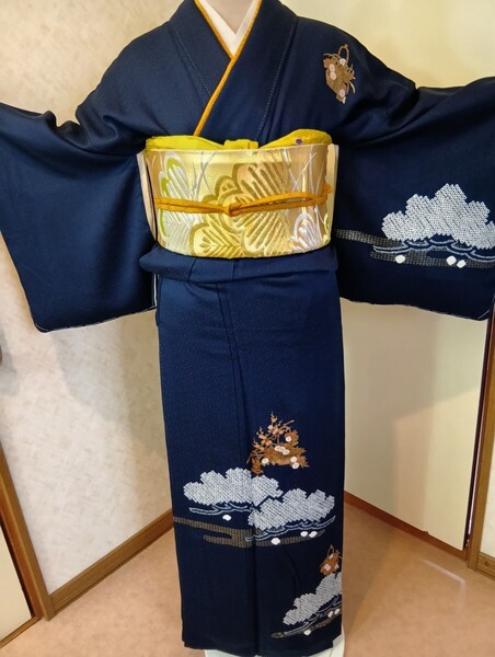 訪問着(袋帯つき) 絞り 花籠文 金彩 紺色 未使用 しつけ糸つき 身丈163 入学式 結婚式 慶事 茶席 フォーマル お宮参り