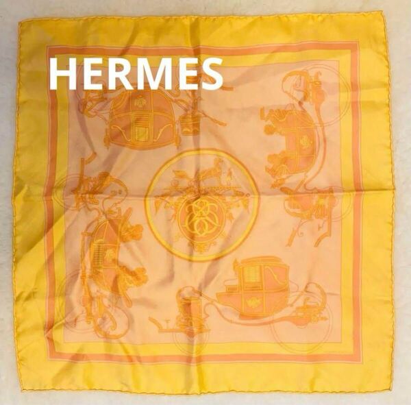 ☆ HERMES エルメス シルク100% イエロー スカーフ 馬車デザイン