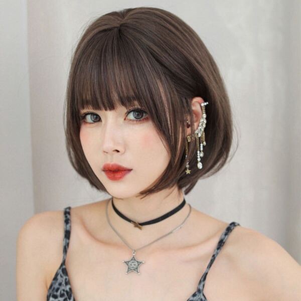 W47◎フルウィッグ ファッションウィッグ ボブ ダークブラウン 自然 耐熱 かつら