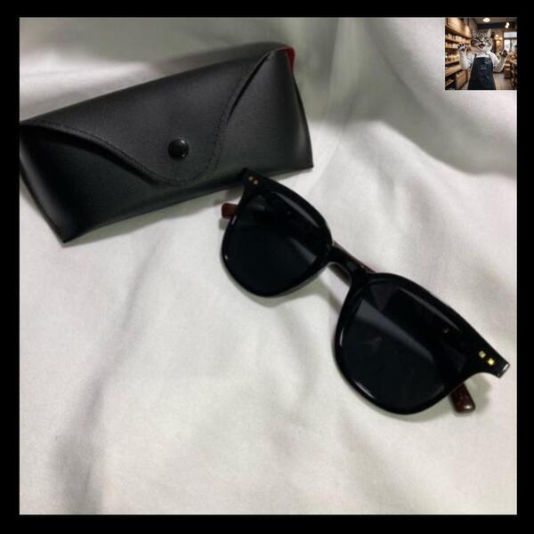 木目調サングラス black×black ウェリントン UV400 ケース付き