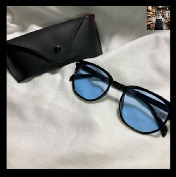 メンズサングラス blue×blackウェリントン ケース付UV400