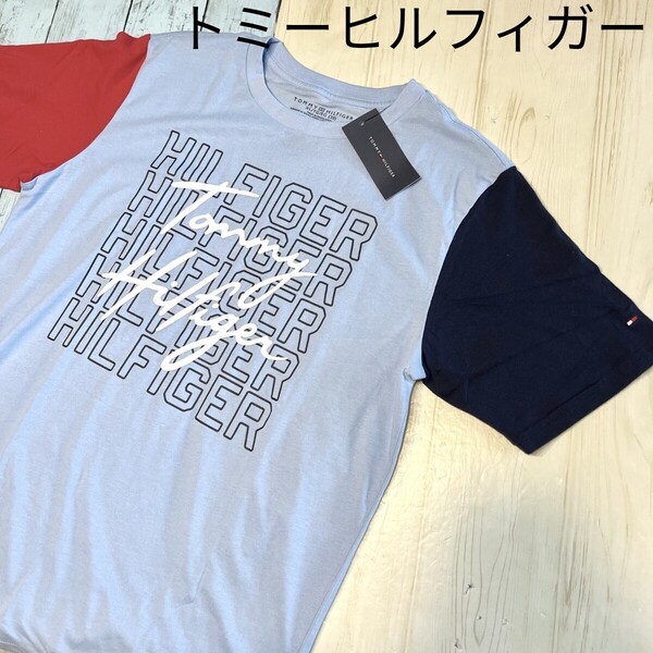 新品 トミーヒルフィガー ビッグ ロゴ 総柄 半袖 Tシャツ ブルー トップス 刺繍 フラッグ 正規品 英字 TOMMY HILFIGER メンズ レディース