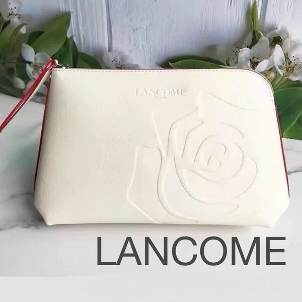 新品 ブランド ランコム LANCOME 化粧ポーチ コスメポーチ トラベルポーチ 型押しレザー ローズ ホワイト 白バラ 薔薇 大 きれい 防水 旅行