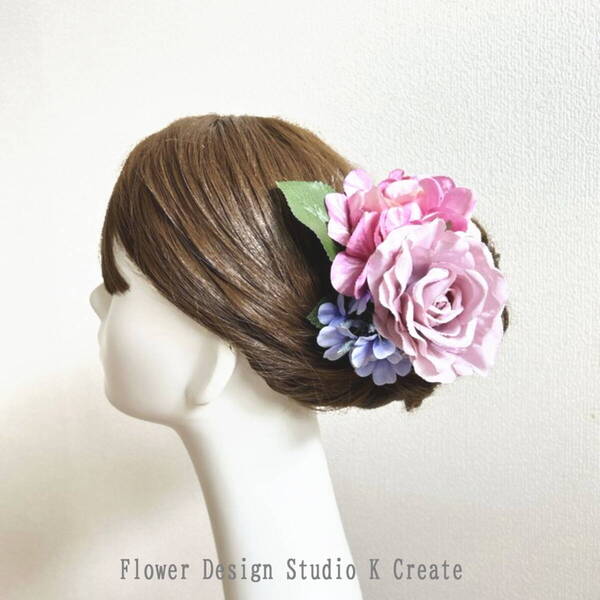 フラメンコ・フローレス・発表会にピンクの薔薇と紫陽花の花束風髪飾り フローレス アジサイ 発表会 エクリュ バラ 水色