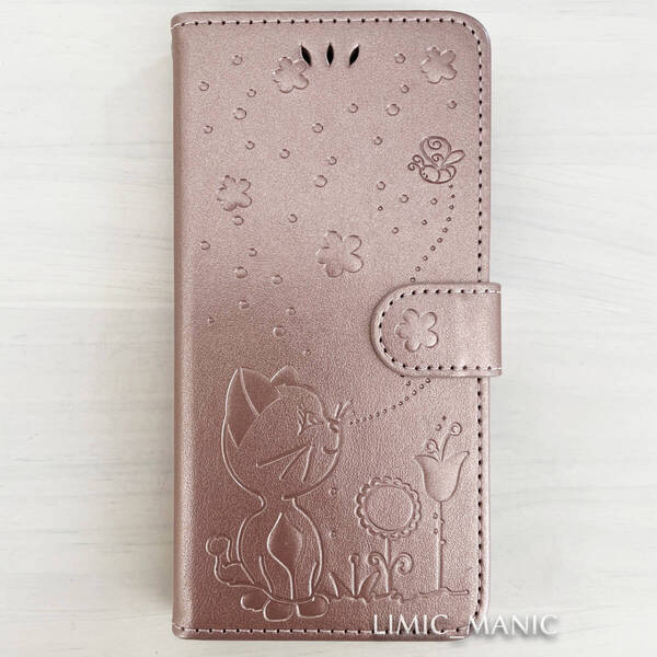 iPhone 14 / 13 ケース スマホ 手帳型 カードケース ローズゴールド 猫 CAT 猫ちゃん 蝶 花 アイフォン