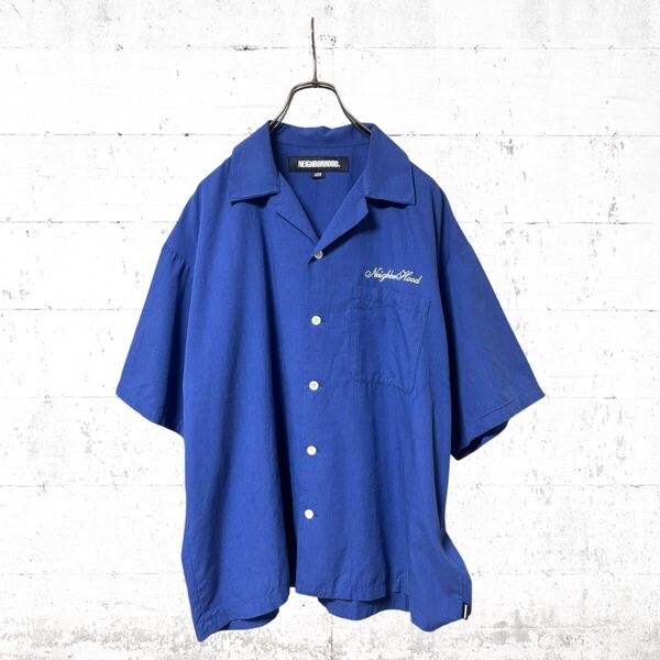 美品 neighborhood 刺繍ロゴ 24SS オープンカラー シャツ 半袖 ネイバーフッド 紺色 ネイビー ブルー Lサイズ 241TSNH-SHM10 アロハ 開襟