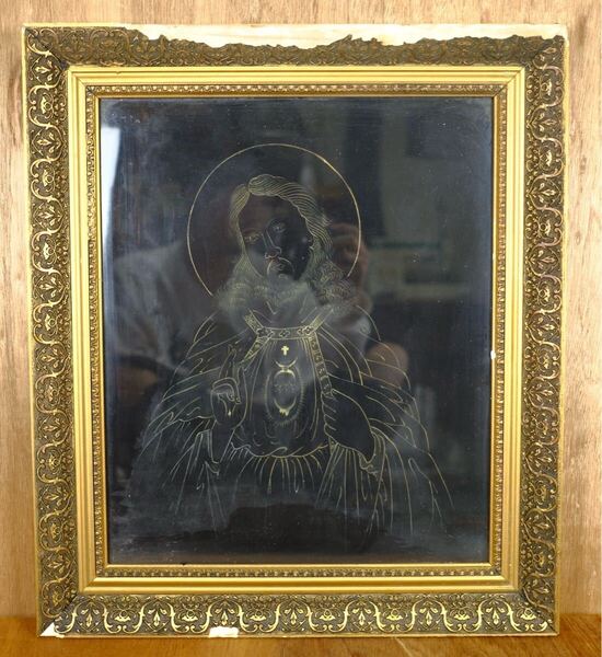 アンティーク キリスト 絵画額 版画 シルクスクリーン ドローイング 神 イエス 額装 宗教画 肉筆 仏画 仏教美術 オブジェ