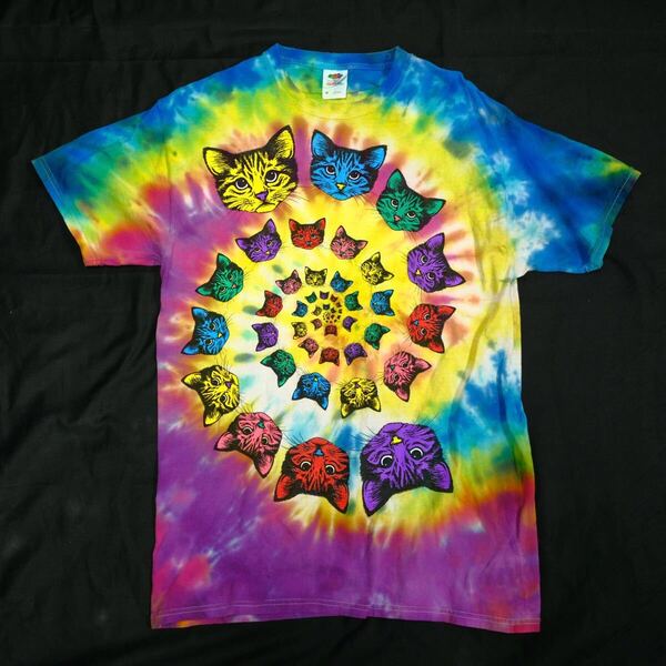 1990〜2000s ビンテージ タイダイ染めTシャツ 猫 古着屋 カラフル アート デザイン 動物 サイケデリック