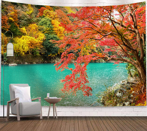 タペストリー 壁飾り 壁掛け装飾布 布ポスター 部屋飾り 背景布 インテリア カーテン 清流と紅葉の絵柄 150x130cm