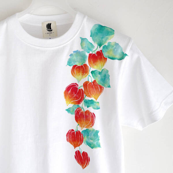 メンズ Tシャツ 手描きホオズキ柄Tシャツ Lサイズ ホワイト 鬼灯 ハンドメイド オリジナル 和風 和柄