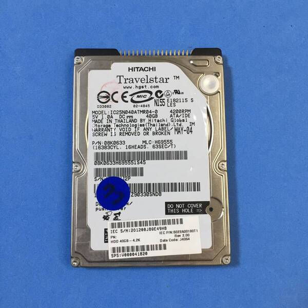 ★1898時間 HITACHI IC25N040ATMR04-0 2.5インチHDD『正常判定』40GB