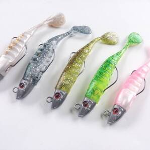 魚の頭 ジグヘッド + ワーム ソフトルアー 11cm 16g 5色 セット ヘッドと針が取り外し可能 やわらか素材 シャッドテール 3D