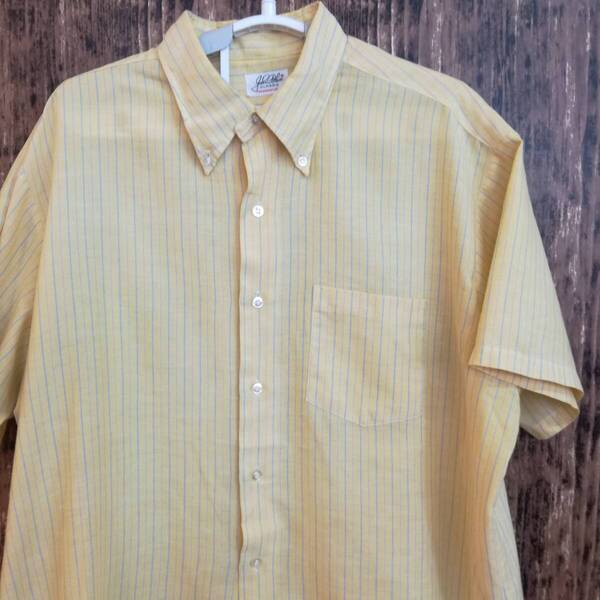 中古 アメリカ古着 John Blair ジョン・ブレア 半袖シャツ メンズ 3Lサイズ XXL 2XL 薄黄色 ライトイエロー ストライプ カジュアル