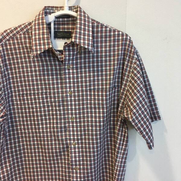 中古 アメリカ古着 VAN HEUSEN ヴァンヒューゼン 半袖シャツ メンズ Lサイズ相当 茶色 グレー チェック カジュアル おしゃれ 送料無料