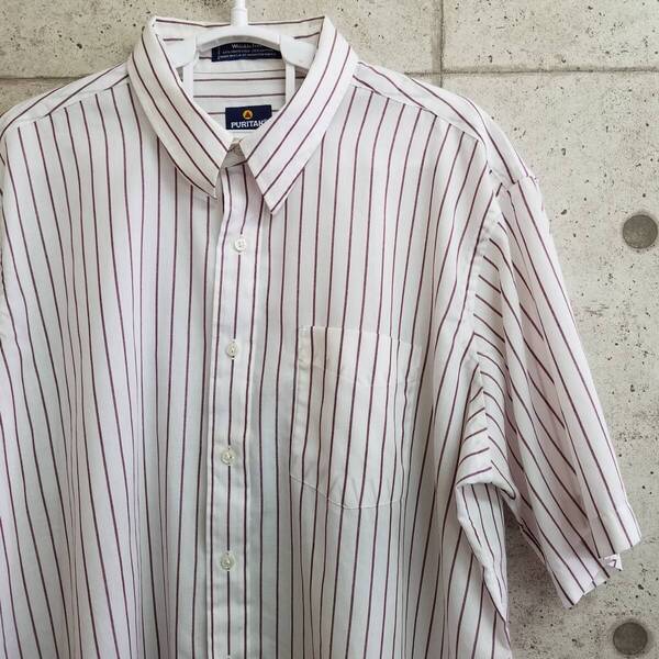 中古 アメリカ古着 PURITAN ピューリタン 半袖シャツ メンズ SSサイズ 白 赤 ストライプ柄 カジュアル おしゃれ 送料無料