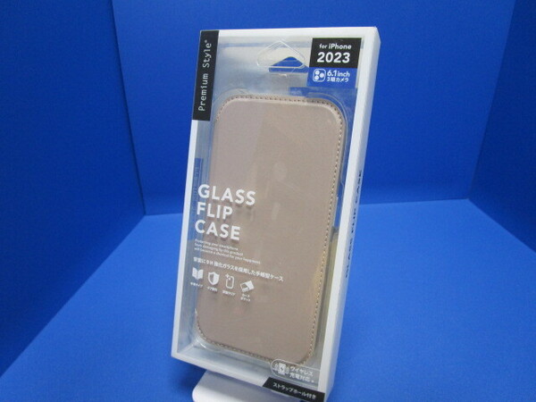 開封品 PGA iPhone 15 Pro (6.1インチ) ガラス 手帳型 ケース ガラスフリップケース Premium Style ベージュ PG-23BGF02BE
