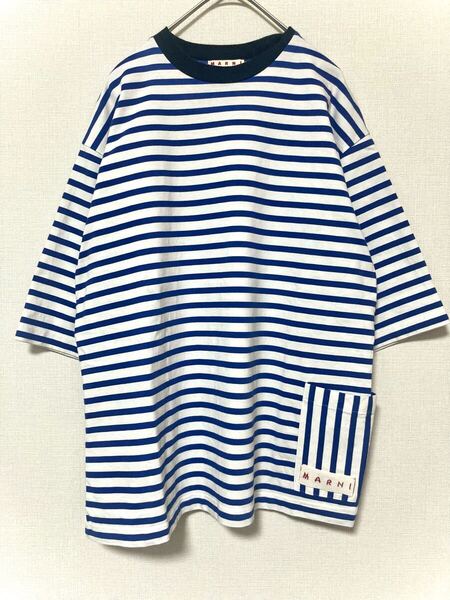マルニ marni ロゴ刺繍 ボーダー クルーネック tシャツ 半袖 メンズ ポケット カットソー オーバーサイズ 総柄 トップス 48