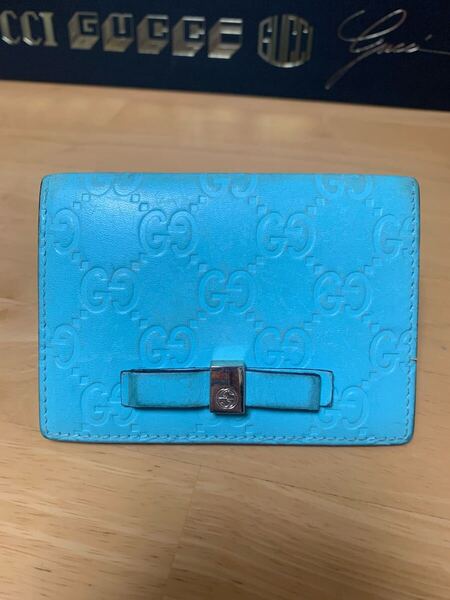 SALE セール 中古 GUCCI グッチ GGシマレザー カードケース パスケース 定期券入れ ライトブルー色 青 二つ折り イタリア製 送料無料